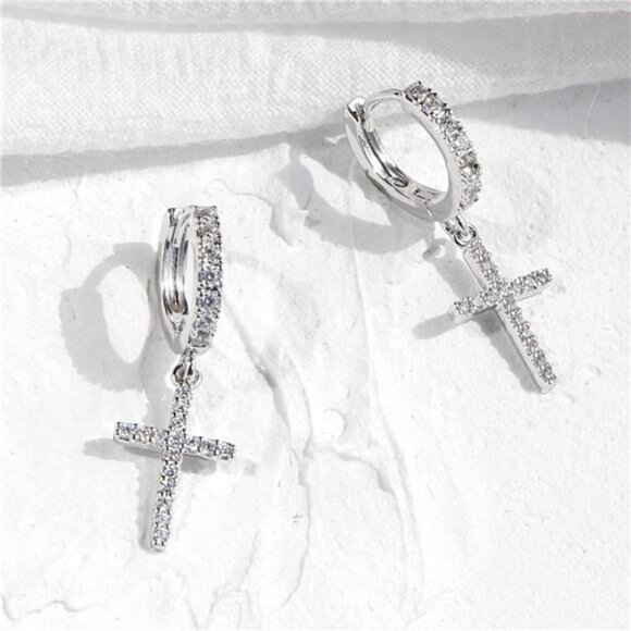 14K Gold Plated Drop Dangle Cross Hoop Earrings Trendy Gold Cross Earrings Men - Picture 4 of 5